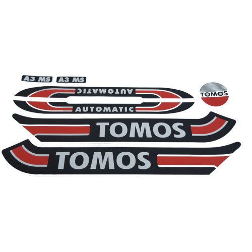 Stickerset Tomos A3 MS Automatic rood met zwart en wit. 7-delig.